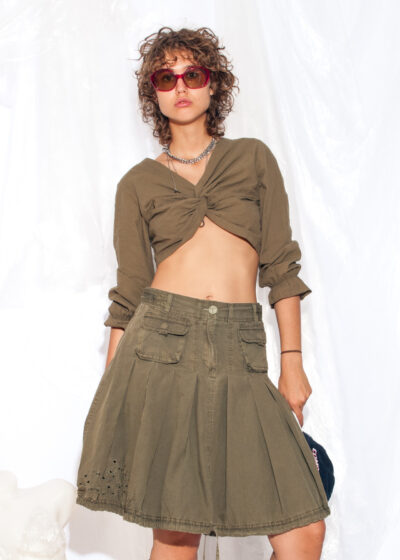 Vintage Y2K Crop Blouse in Khaki Cotton