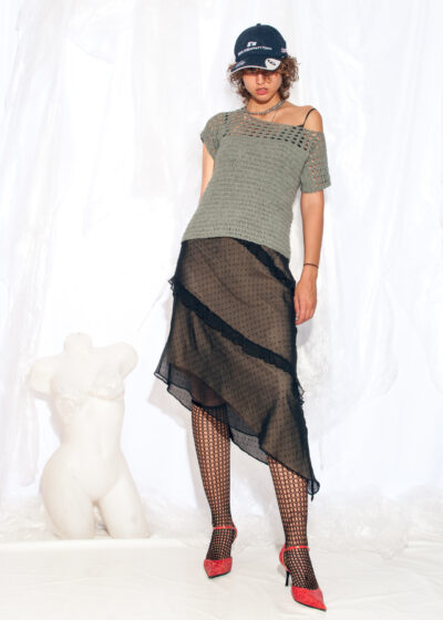 Vintage 80s Handmade Knit Top in Grey with Crocheted Lace