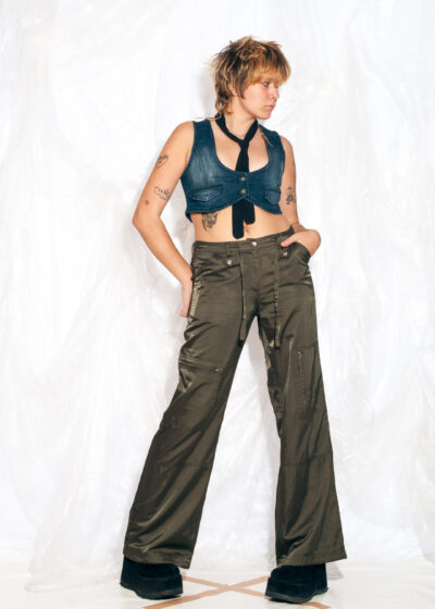 Vintage Y2K Cargo Flare Trousers in Khaki Satin