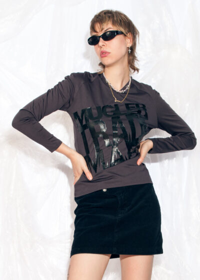 Vintage Y2K Long Sleeve Mugler Top in Grey Spell Out Logo