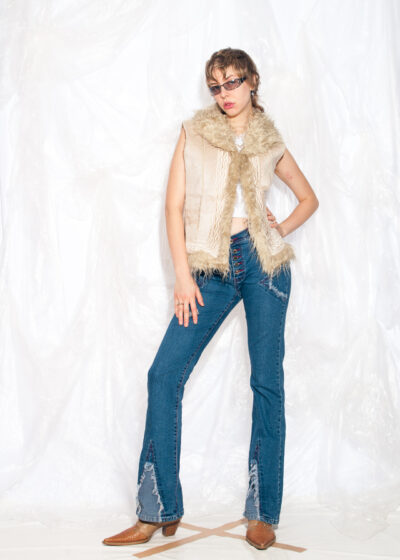 Vintage Y2K Faux Shearling Vest in Beige Faux Fur Collar