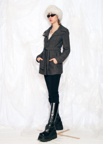 Vintage Y2K Winter Coat in Grey Wool Blend with Belt