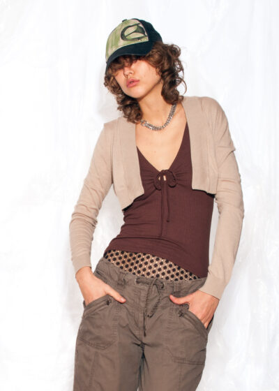 Vintage Y2K Bolero Crop Cardigan in Beige
