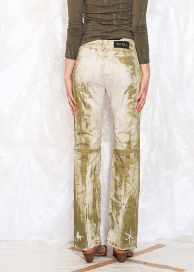 Vintage Y2K Reworked Flare Jeans in Hand-Painted Green Beige