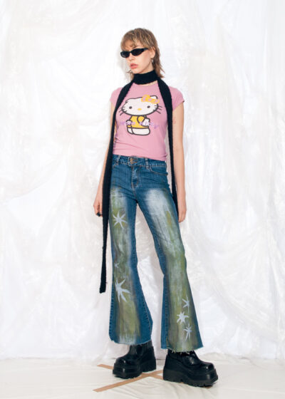 Vintage Y2K Reworked Flare Jeans in Hand Painted Green