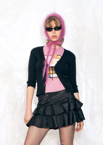 Vintage Y2K Rib Knit Cardigan in Sparkling Black