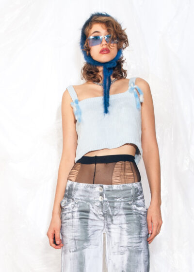 Vintage Y2K Hand Knitted Crop Top w Bows in Pastel Blue
