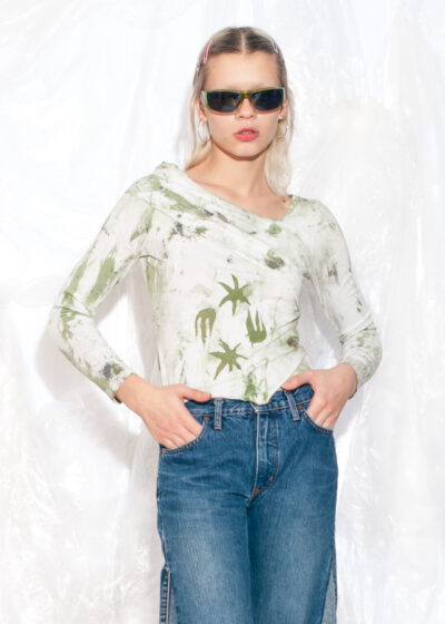 Vintage Y2K Reworked Seaweed Top in Moss Green Hand Painted