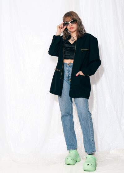 Vintage 90s Zip Blazer Jacket in Black Linen