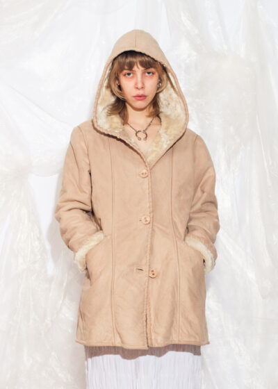 Vintage 90s Faux Shearling Coat in Beige Hooded