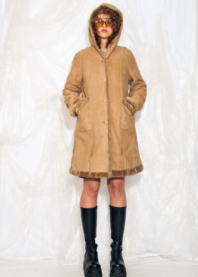 Vintage 90s Faux Shearling Coat in Beige Hooded