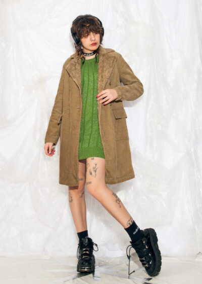 Vintage Y2K Trench Coat in Beige Faux Fur Collar