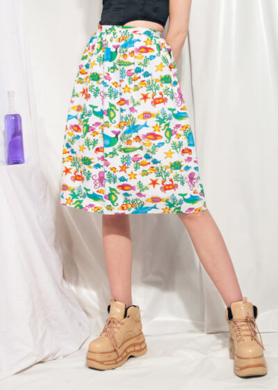 Vintage Skirt 80s Sealife Fish Printed Cotton Midi