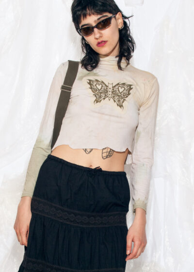 Vintage Y2K Reworked Crop Top in Beige w Butterfly Print