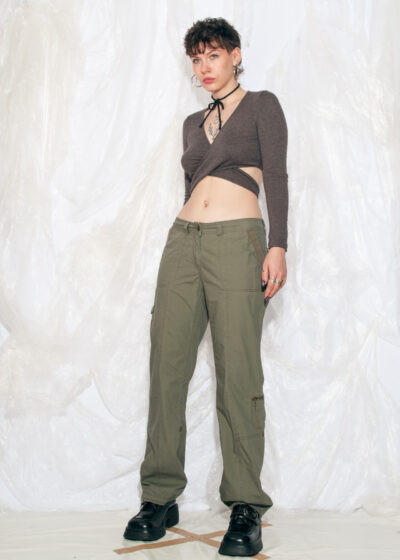 Vintage Y2K Wide Leg Cargo Trousers in Khaki Mud Green