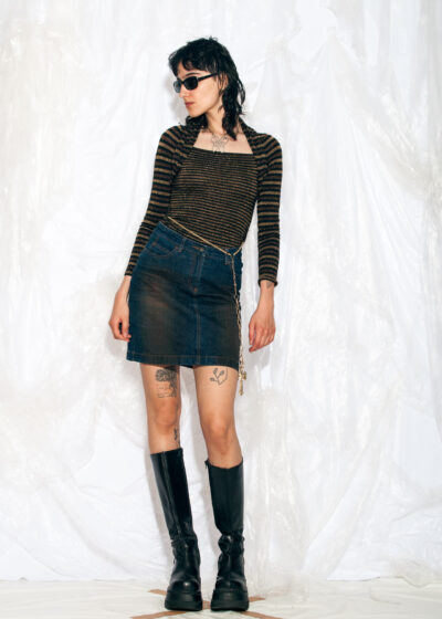 Vintage Y2K Fishbone Denim Skirt in Mud Wash Blue