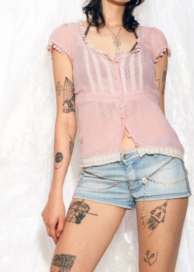 Vintage Y2K Fairycore Blouse in Pink Sheer
