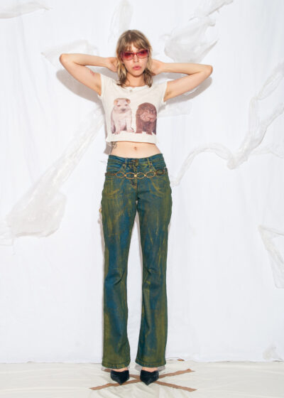 Vintage Y2K Hand Painted Flare Jeans in Blue Green