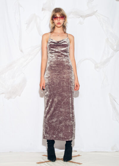 Vintage Y2K Crushed Velvet Maxi Dress in Silver Pink