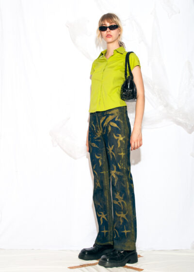 Reworked Vintage Y2K Hand-Painted Flare Jeans in Green