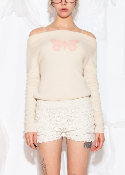 Reworked Vintage Y2K Silk Cashmere Jumper w Butterfly Lace