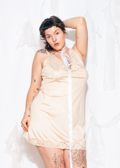 Vintage 70s Lace Slip Dress in Beige