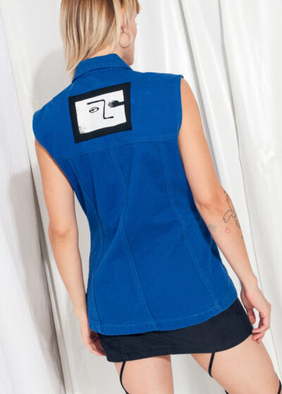 Reworked Vintage Vest 90s Weird Face Print Denim Waistcoat