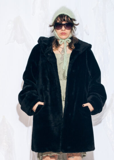 Vintage 90s Hoodfed Faux Fur Coat in Black