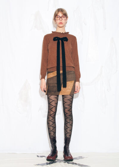 Reworked Y2K Knit Jumper in Brown with Oversized Bow