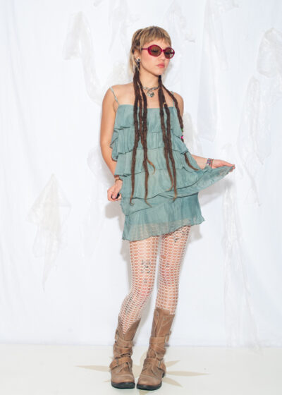 Vintage Y2K Frilly Silk Mini Dress in Pastel Teal
