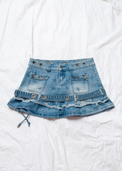 Vintage Y2K Frilly Denim Mini Skirt in Blue with Belt