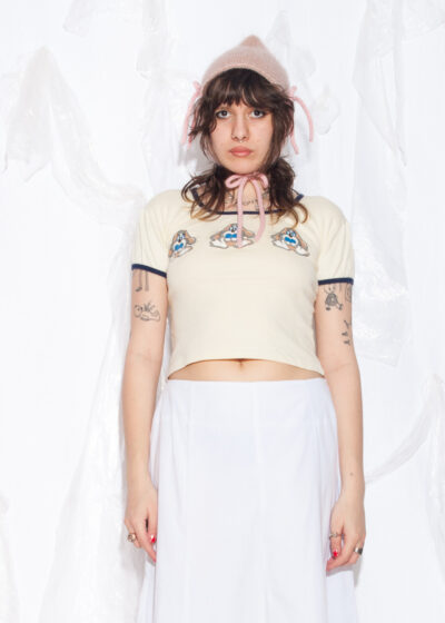 Vintage 90s Dog Print Ringer Baby Tee in Beige