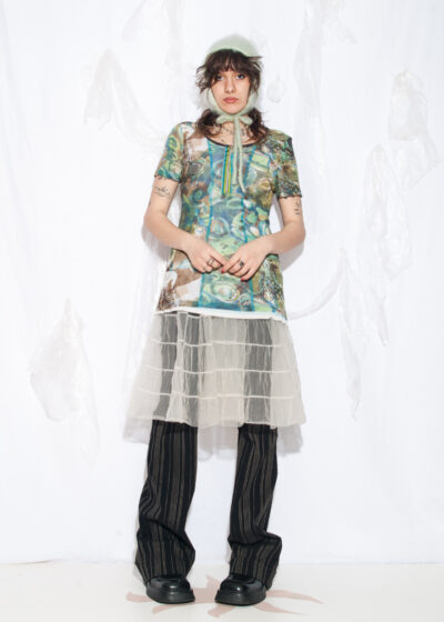 Vintage Y2K Printed Rave Mesh Top in Underwater Blue and Green