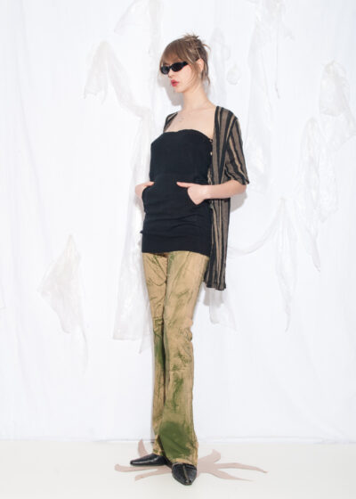 Vintage 80s Vertical Striped Linen Shirt in Black and Green