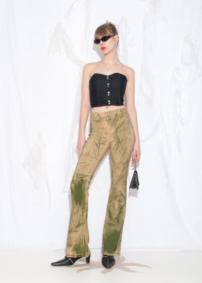 Reworked Vintage Y2K Flare Trousers in Hand-Painted Green
