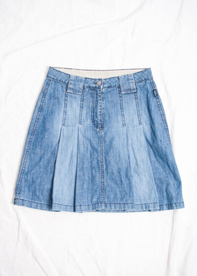 Vintage Y2K Pleated Denim Midi Skirt in Blue