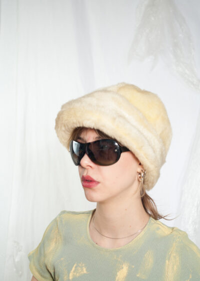 Vintage 60s Faux Fur Bucket Hat in Beige