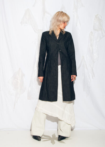 Vintage Y2K Long Denim Blazer Coat in Faded Black