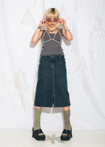 Vintage Y2K Midi Denim Skirt in Mud Wash Blue