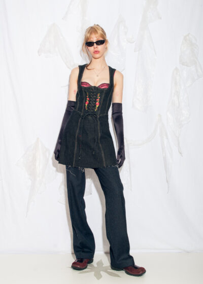 Reworked Vintage 80s Folk Corset Top Dress in Dark Grey