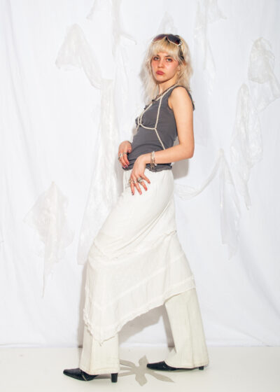 Vintage Y2K Asymmetric Midi Skirt in White Lace