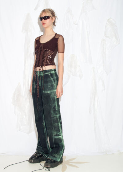 Reworked Vintage Y2K Linen Trousers in Hand-Painted Green