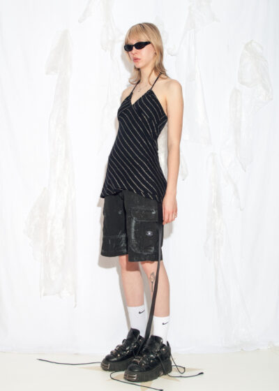 Vintage Y2K Halter Top in Black and Silver Striped