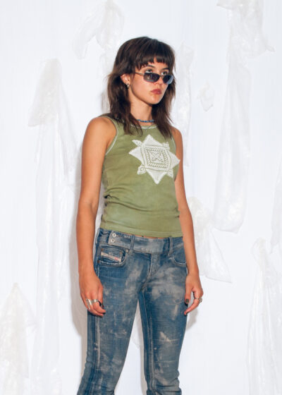 Reworked Vintage Y2K Lace Top in Overdyed Green