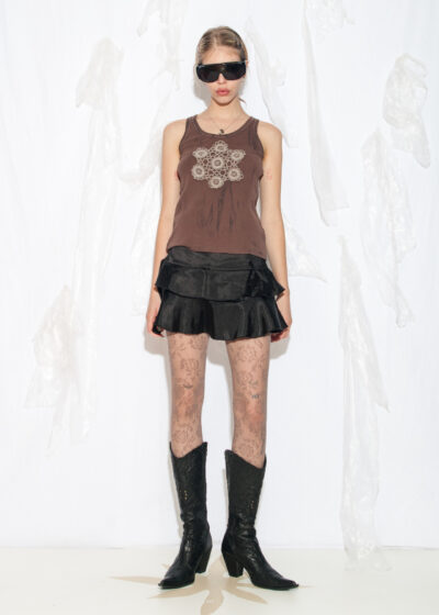 Reworked Vintage Y2K Hand Painted Doily Top in Brown