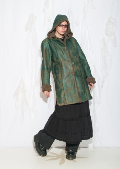 Reworked Vintage Y2K Hooded Shearling Coat in Metallic Green