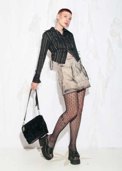Reworked Vintage Y2K Leather Mini Skirt in Hand-Painted Beige