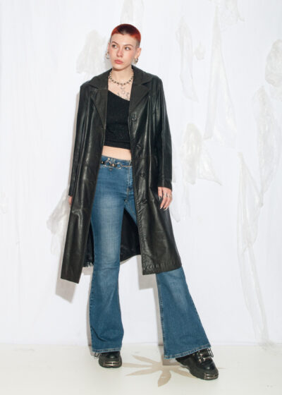 Vintage 70s Leather Trench Coat in Black