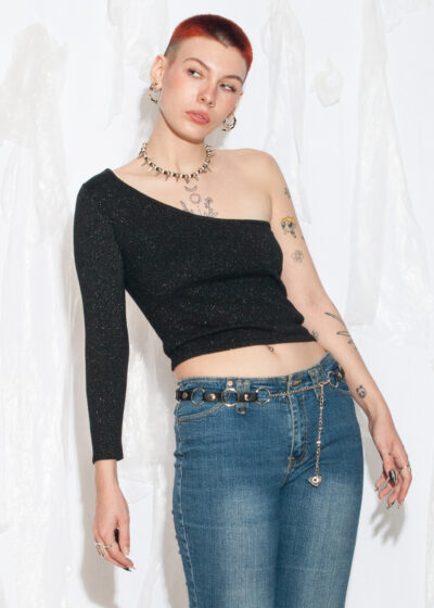Vintage Y2K Asymmetric Knit Top in Silver Black