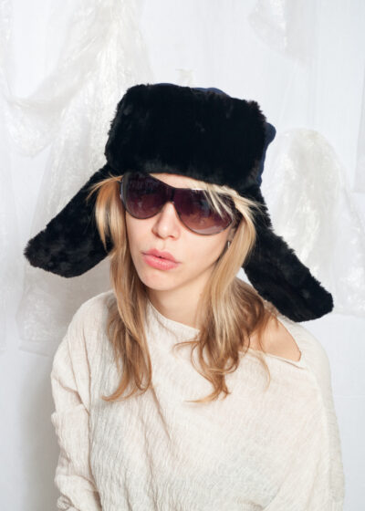 Vintage 80s Real Fur Ushanka Hat in Black and Blue Wool